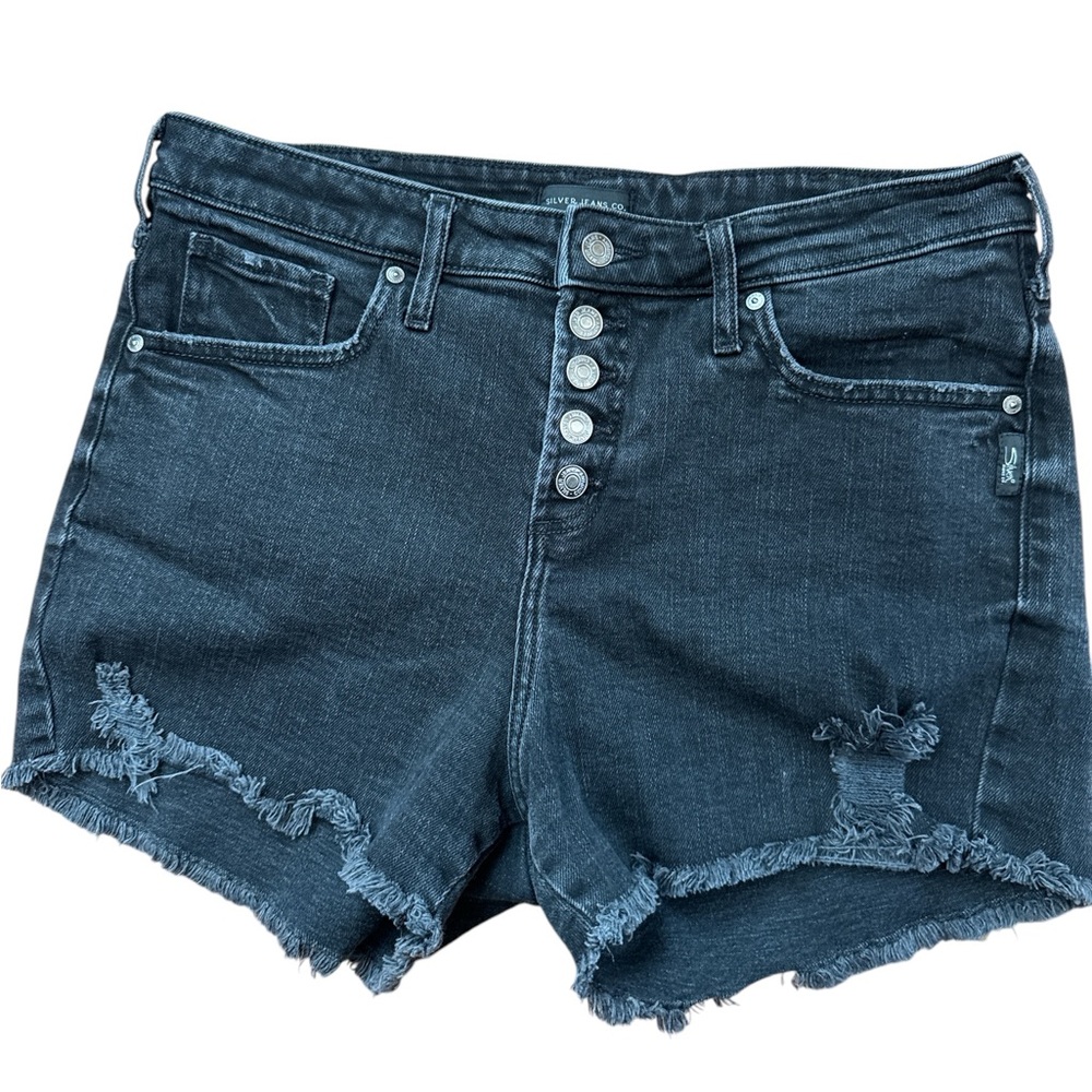 Silver Jeans Co Women’s‎ Black Frayed Fringe Button Denim Shorts Size 32 Waist
